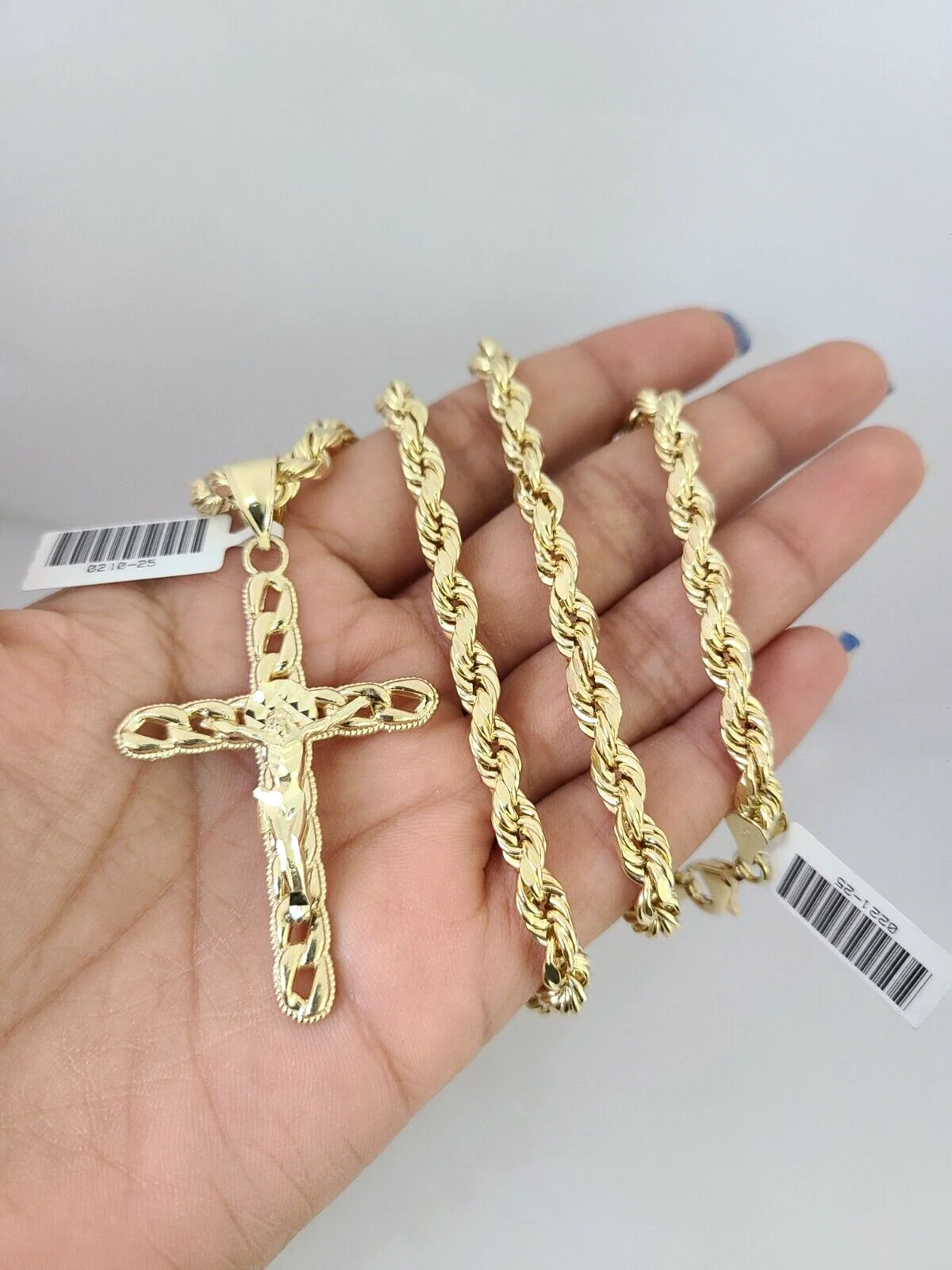10kt Gold Rope Chain Jesus Cross Charm Set 18"-30'' Inch 6mm Necklace Pendant