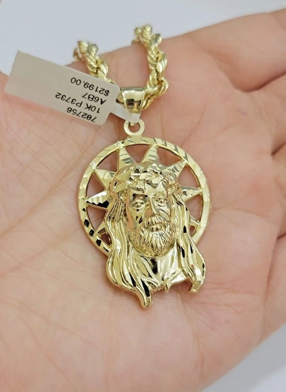 10kt Gold Rope Chain Jesus Head Charm Pendant Set 18-30'' Inch 5mm Necklace SALE - Image 7
