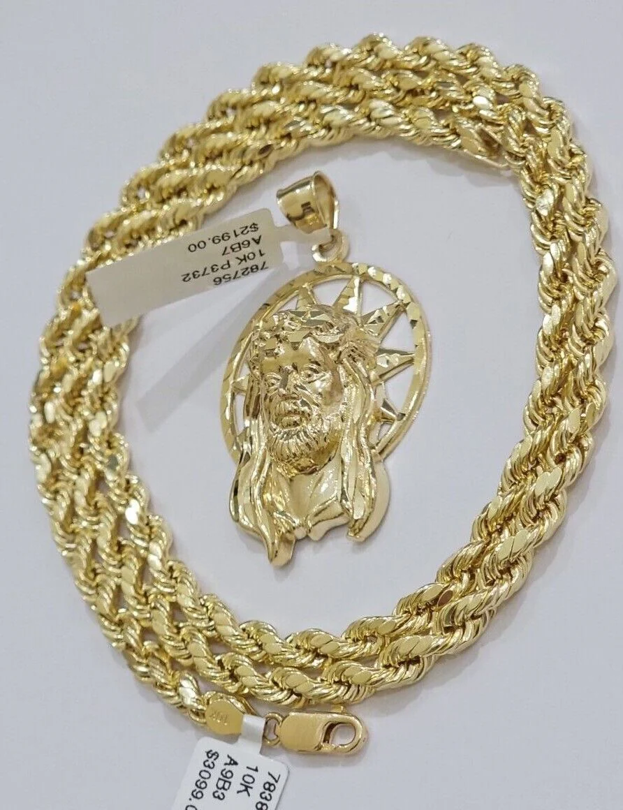 10kt Gold Rope Chain Jesus Head Charm Pendant Set 18-30'' Inch 5mm Necklace SALE - Image 9