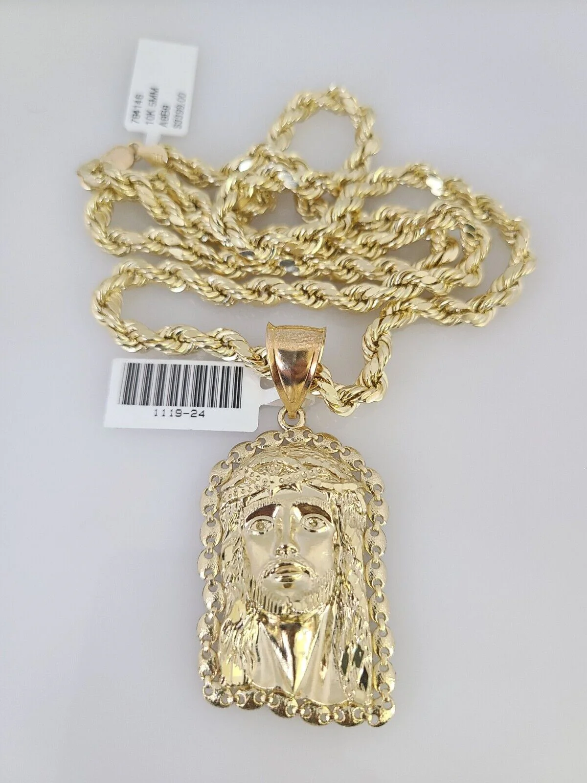 10kt Gold Rope Chain Jesus Head Pendant Charm Set 18"-30'' Inch 5mm Necklace - Image 4