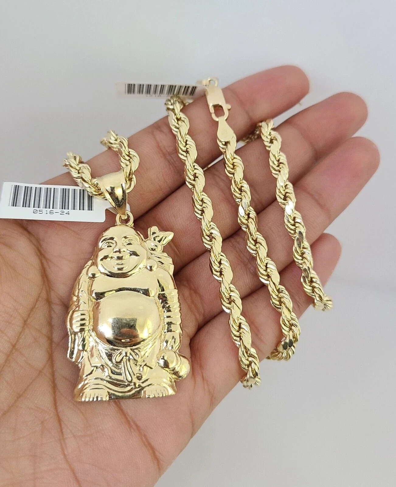 10kt Gold Rope Chain Laughing Buddha Charm Set 18"-30'' Inch 5mm Necklace