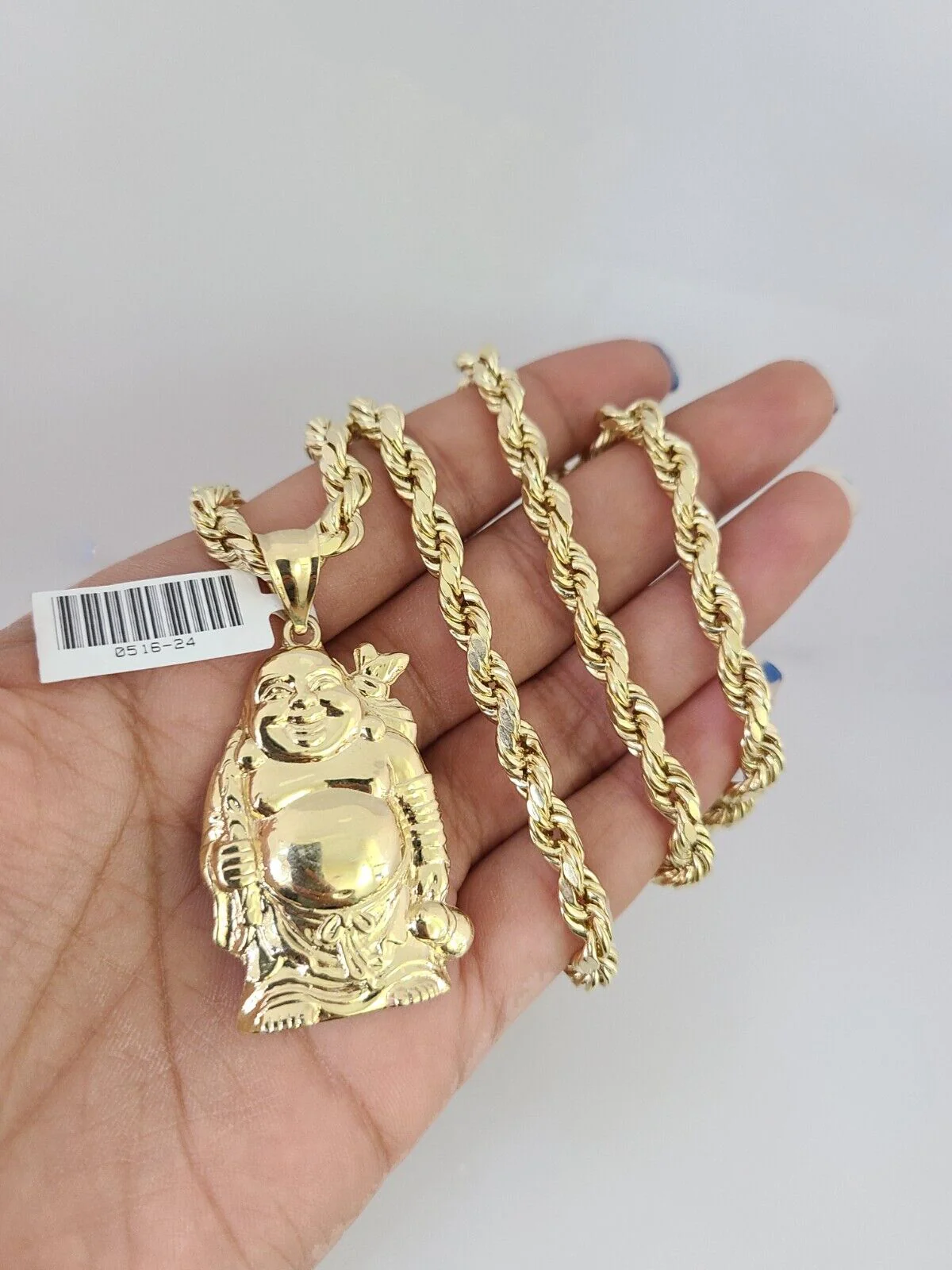10kt Gold Rope Chain Laughing Buddha Pendant Set 18"-30'' Inch 6mm Necklace - Image 2