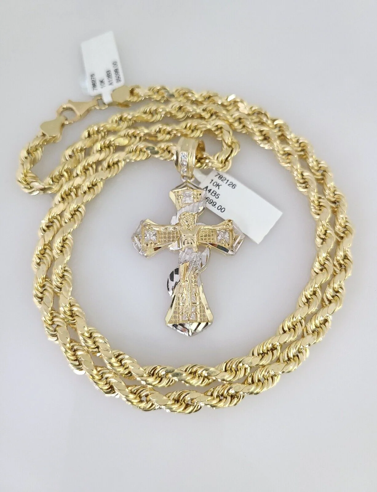10kt Gold Rope Chain Spiral Cross Charm Set 18"-30'' Inch 6mm Necklace Pendant