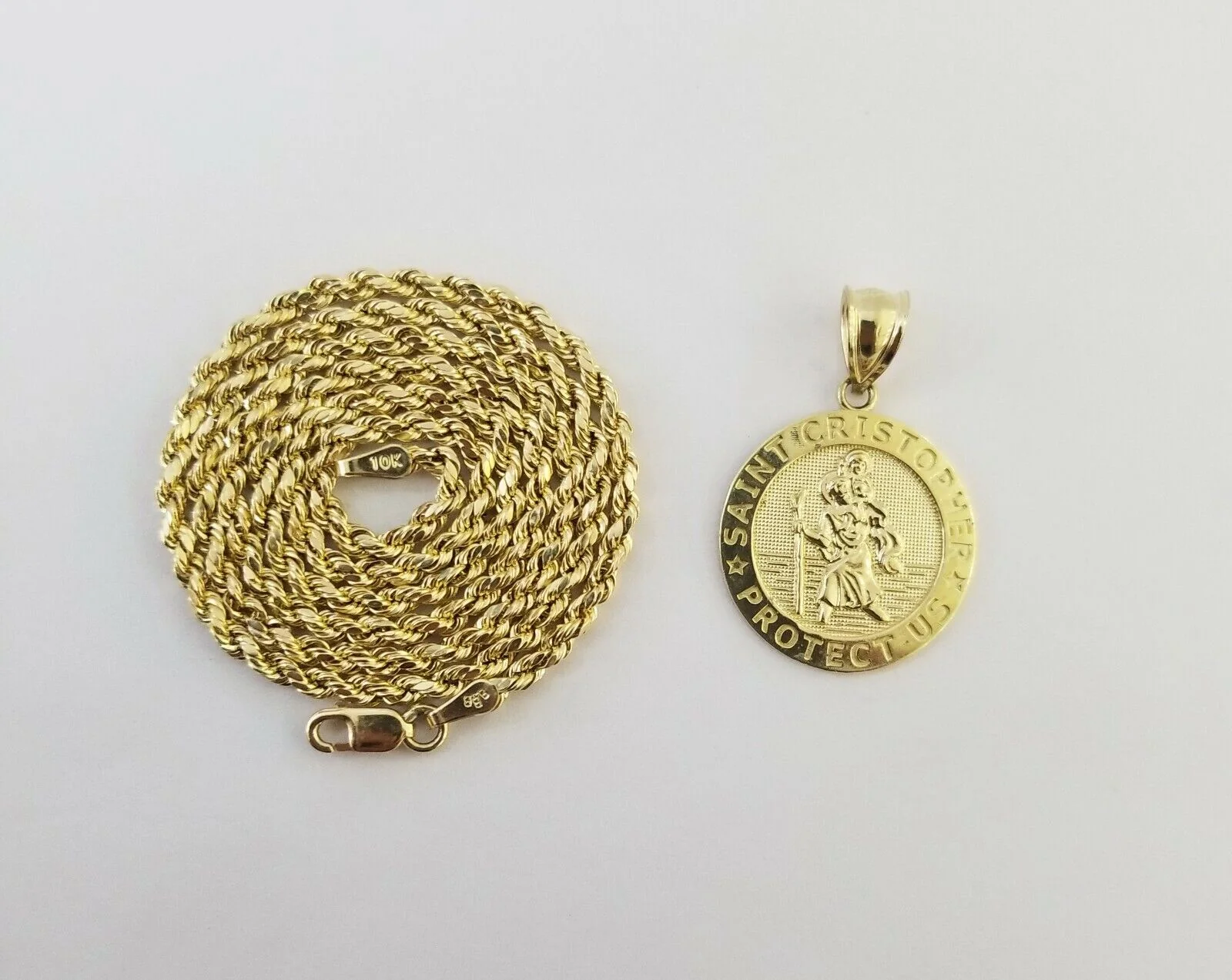 10kYellow Gold round circle Jesus charm 18" inch rope chain 2mm 10kt gold set - Image 2
