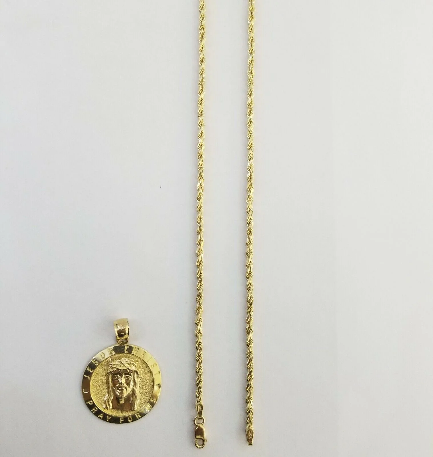 10kYellow Gold round circle Jesus charm 18" inch rope chain 2mm 10kt gold set - Image 3