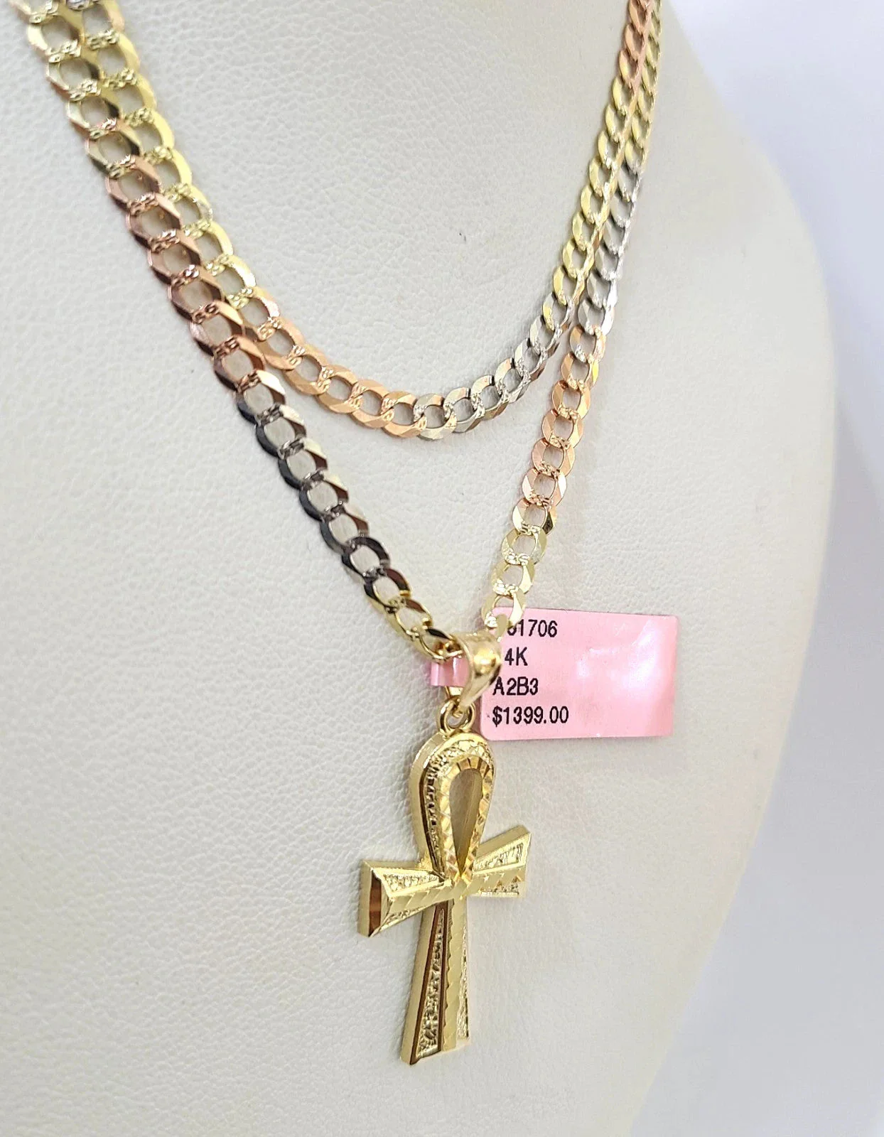 14k Chain Ankh Cross Pendant Charm Solid TriColor Cuban Curb 4mm 18"-28" Inch - Image 2