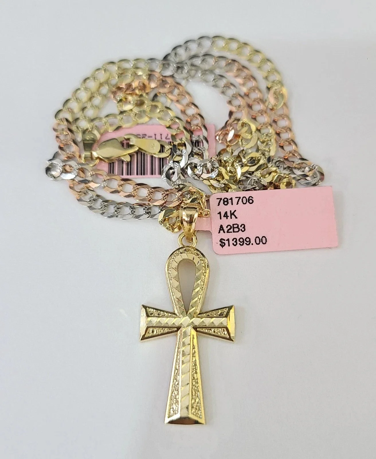 14k Chain Ankh Cross Pendant Charm Solid TriColor Cuban Curb 4mm 18"-28" Inch - Image 3
