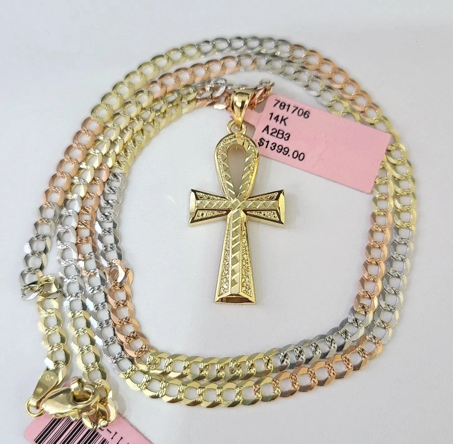 14k Chain Ankh Cross Pendant Charm Solid TriColor Cuban Curb 4mm 18"-28" Inch - Image 4