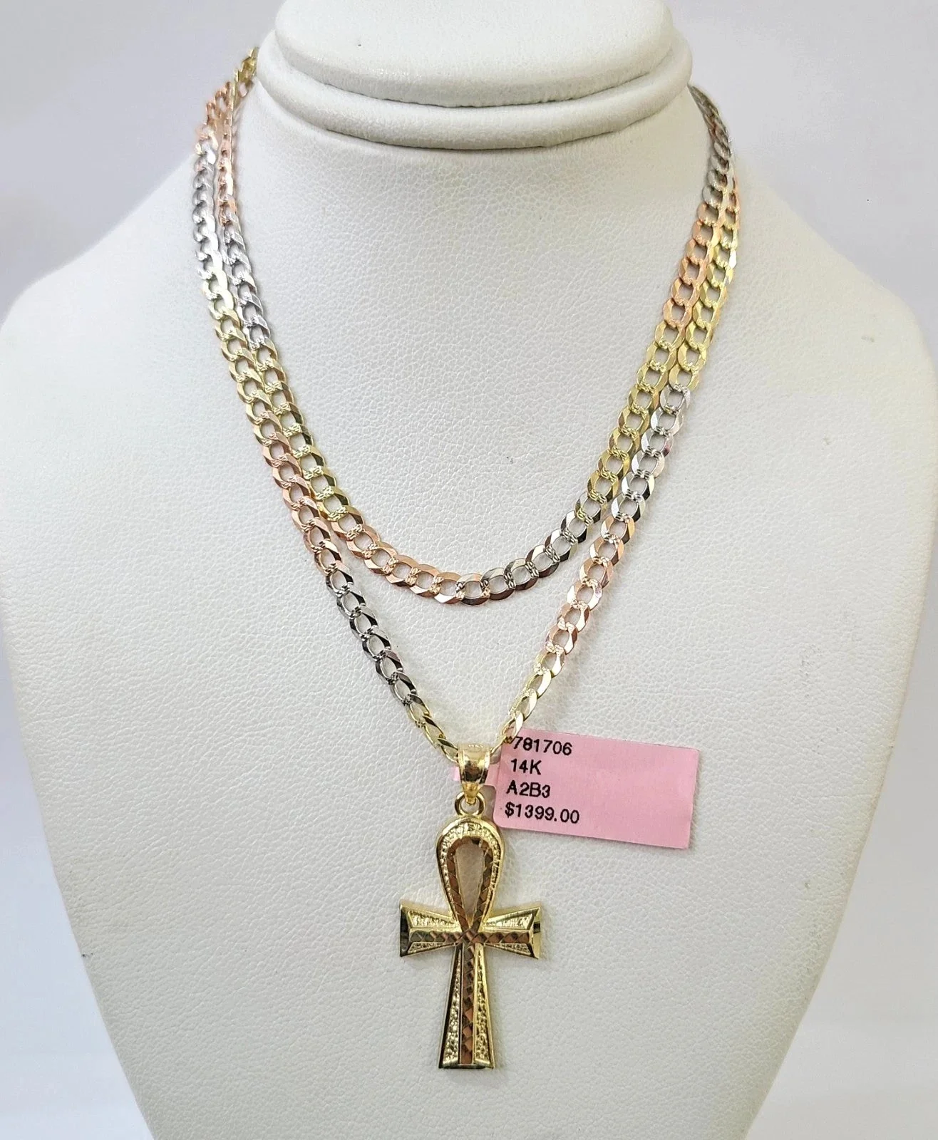 14k Chain Ankh Cross Pendant Charm Solid TriColor Cuban Curb 4mm 18"-28" Inch - Image 6