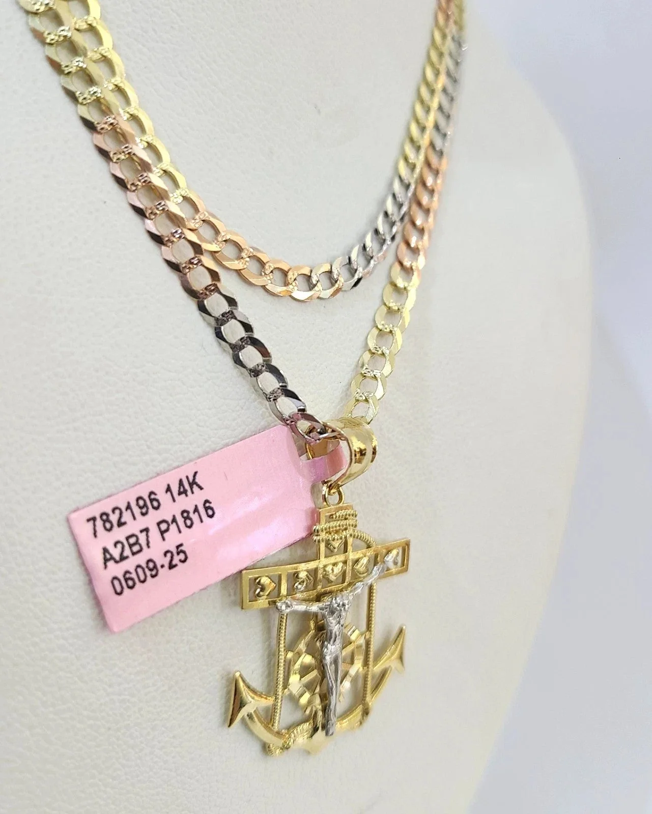 14k Chain Jesus Anchor Pendant Solid TriColor Cuban Curb Link 4mm 18"-28" Inch - Image 2