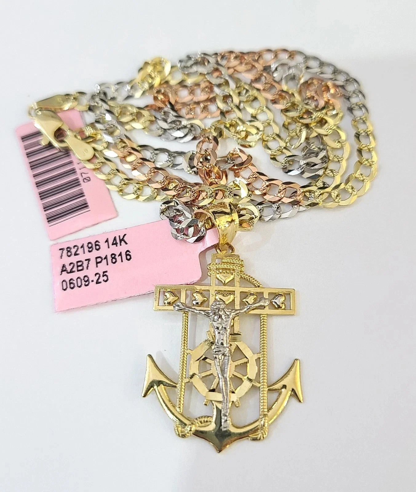 14k Chain Jesus Anchor Pendant Solid TriColor Cuban Curb Link 4mm 18"-28" Inch - Image 3