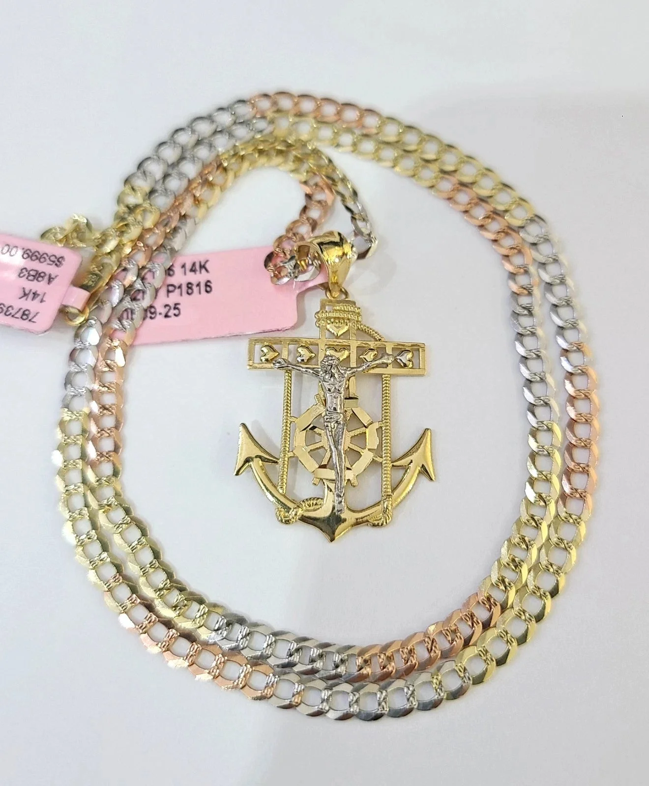 14k Chain Jesus Anchor Pendant Solid TriColor Cuban Curb Link 4mm 18"-28" Inch - Image 4