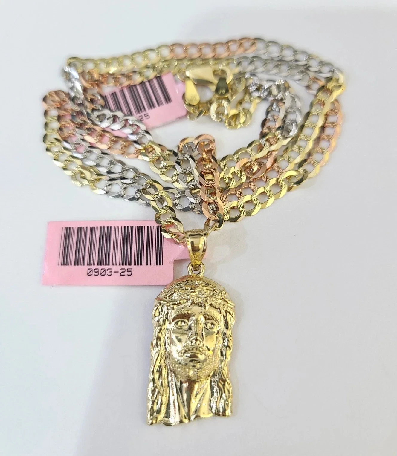 14k Chain Jesus Head Pendant Solid TriColor Cuban Curb Link 4mm 18"-28" Inch - Image 3