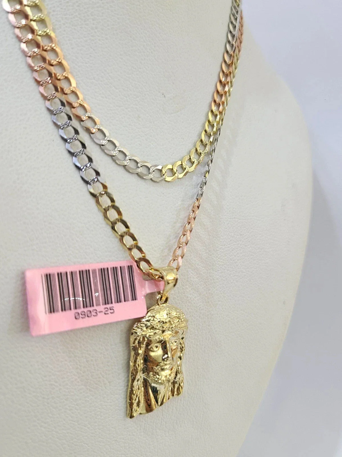 14k Chain Jesus Head Pendant Solid TriColor Cuban Curb Link 4mm 18"-28" Inch - Image 5