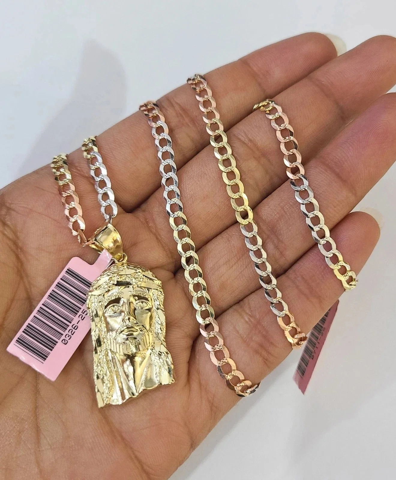 14k Chain Jesus Head Pendant Solid TriColor Cuban Curb Link 4mm 18"-28" Inch - Image 2