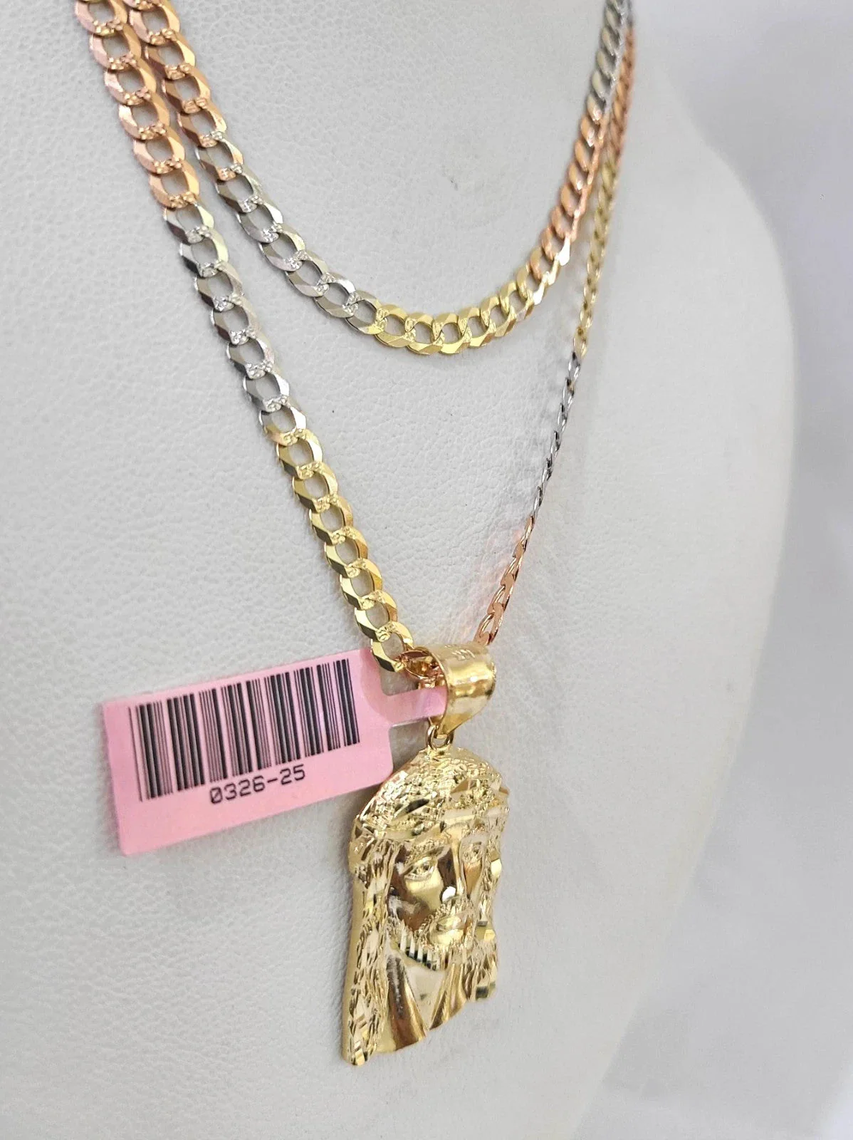 14k Chain Jesus Head Pendant Solid TriColor Cuban Curb Link 4mm 18"-28" Inch - Image 3