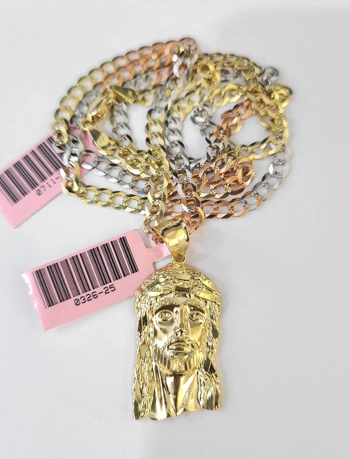 14k Chain Jesus Head Pendant Solid TriColor Cuban Curb Link 4mm 18"-28" Inch - Image 4