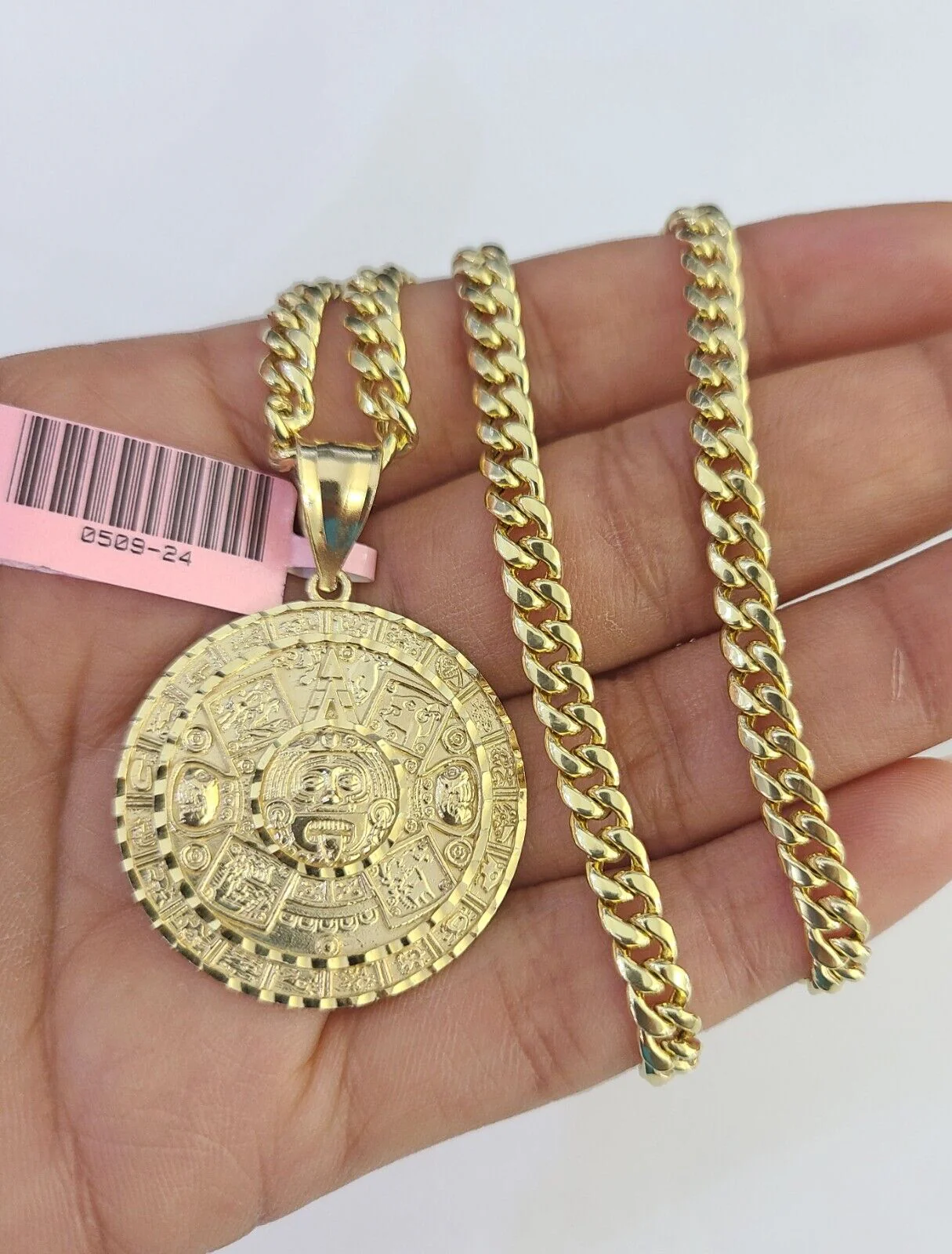 14k Chain Mayan Calendar Charm Set Miami Cuban Link 5mm 18"-30" Necklace Pendant - Image 3