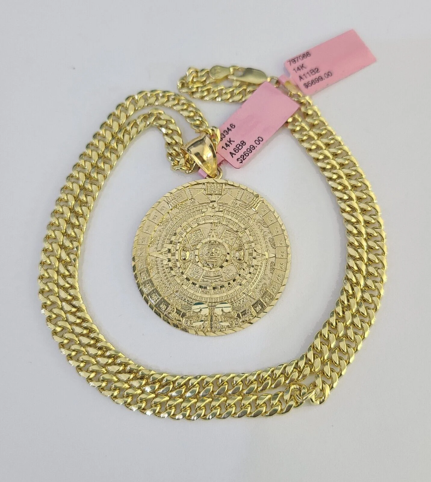 14k Chain Mayan Calendar Charm Set Miami Cuban Link 5mm 18"-30" Necklace Pendant - Image 3