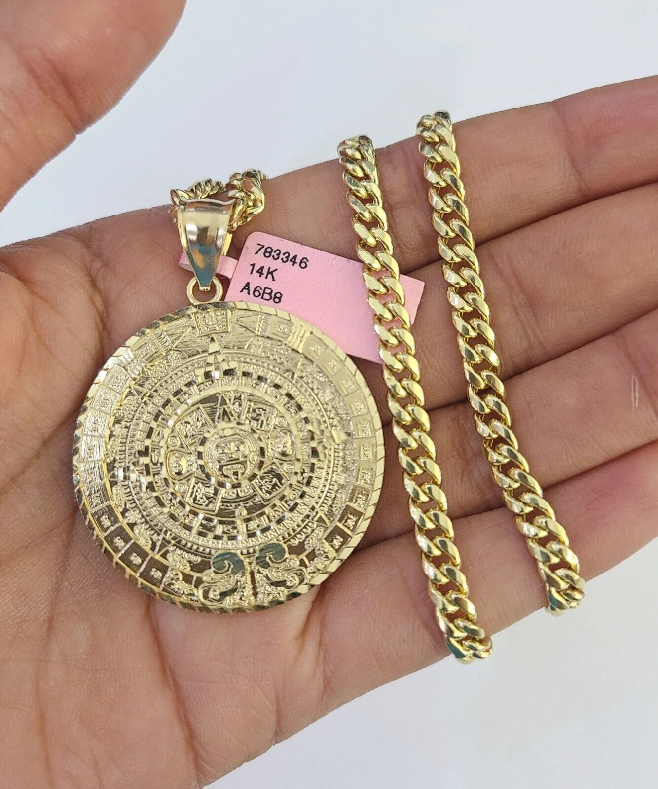 14k Chain Mayan Calendar Charm Set Miami Cuban Link 5mm 18"-30" Necklace Pendant - Image 4