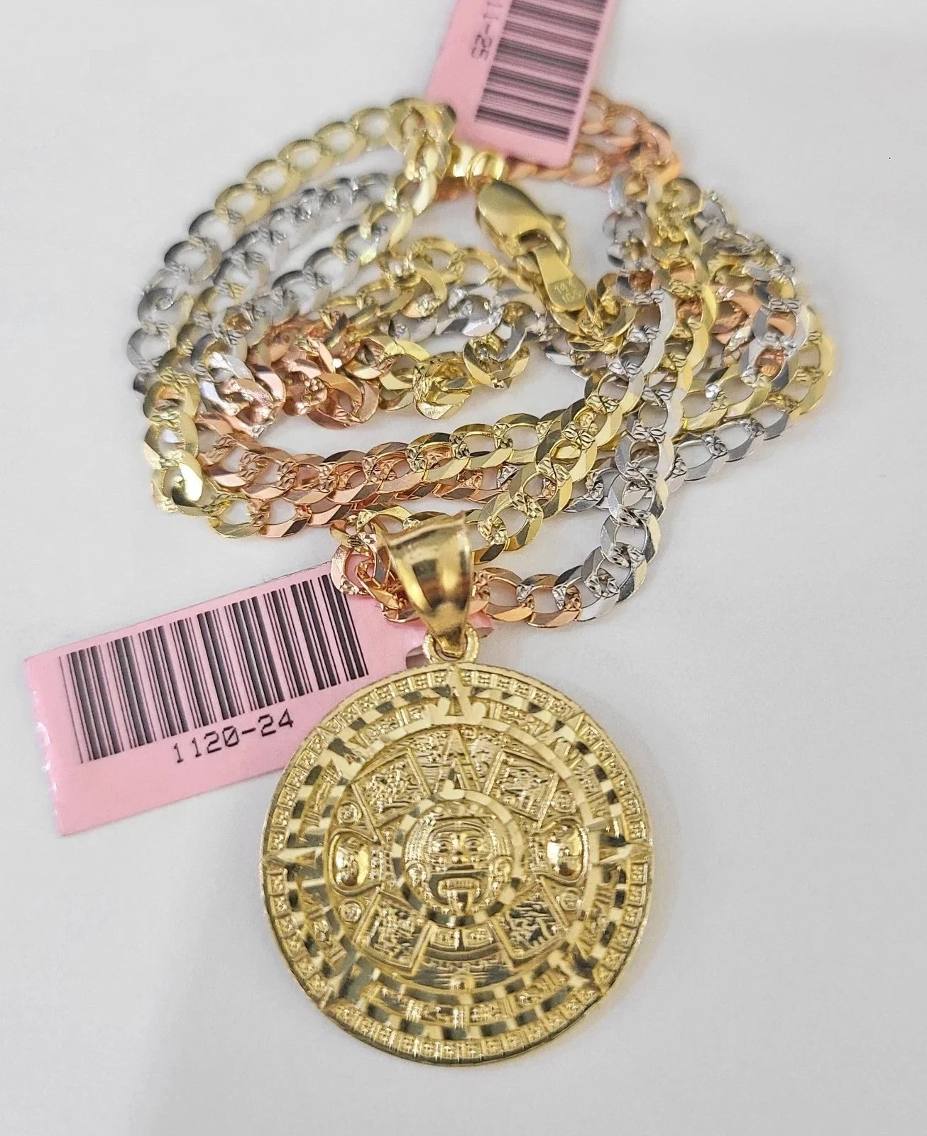 14k Chain Mayan Calendar Pendant Solid TriColor Cuban Curb 4mm 18"-28" Inch - Image 4