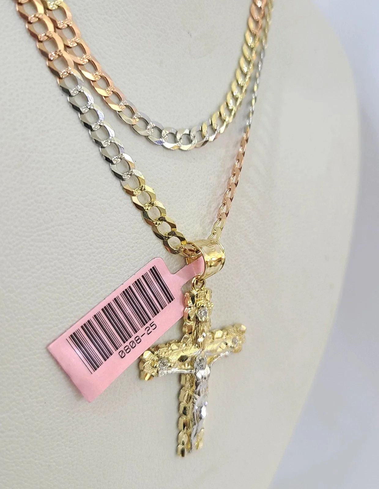 14k Chain Nugget Cross Pendant Charm Solid TriColor Cuban Curb 4mm 18"-28" Inch - Image 3