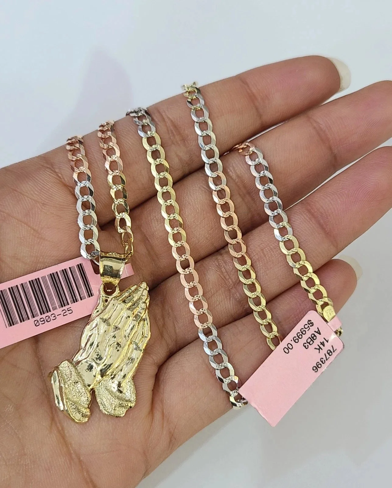 14k Chain Praying Hands Pendant Solid TriColor Cuban Curb 4mm 18"-28" Inch - Image 2
