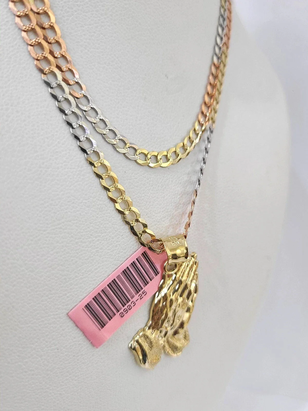 14k Chain Praying Hands Pendant Solid TriColor Cuban Curb 4mm 18"-28" Inch - Image 3