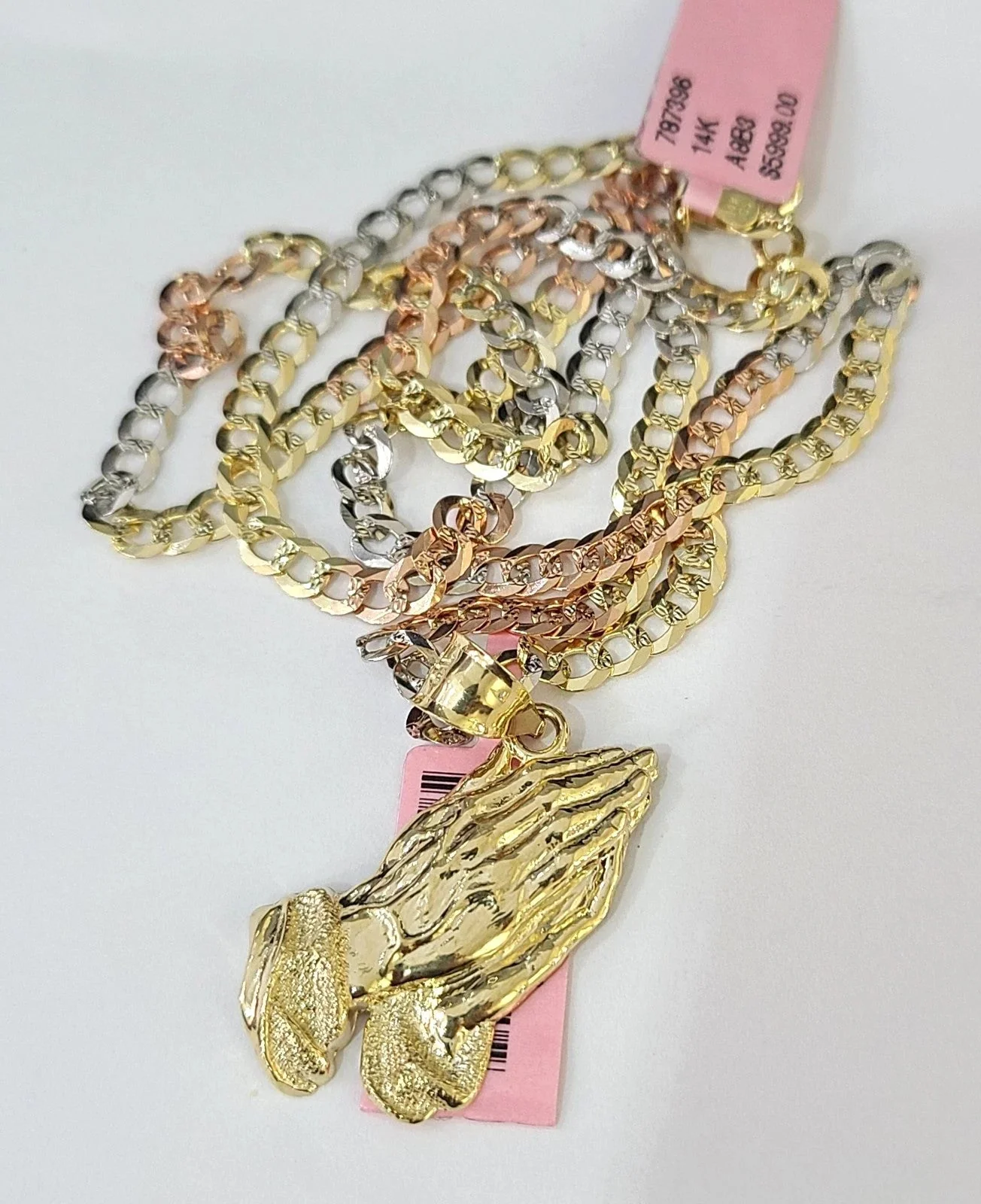 14k Chain Praying Hands Pendant Solid TriColor Cuban Curb 4mm 18"-28" Inch - Image 4