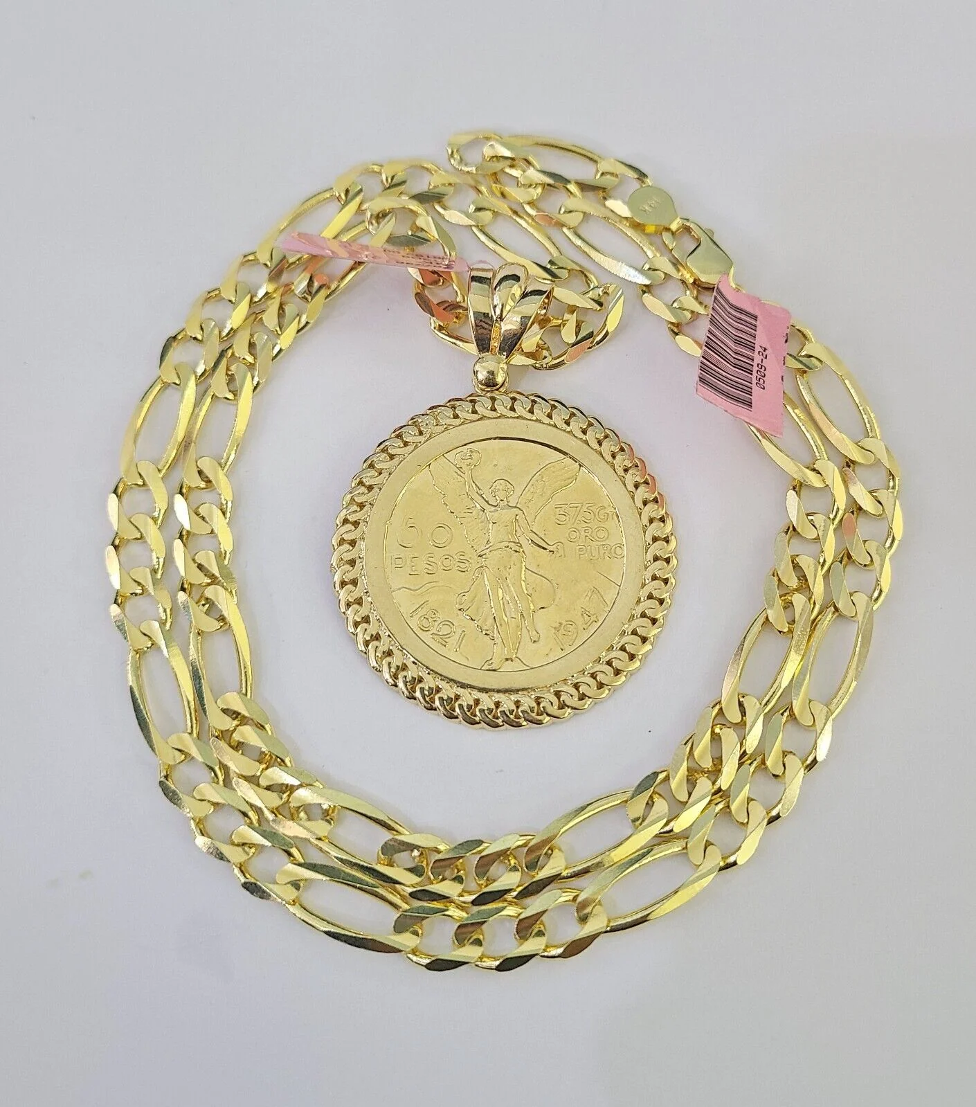 14k Figaro Chain Centenario Bezel Charm Pendant Gold 7mm 20-30 inch SET Necklace - Image 3