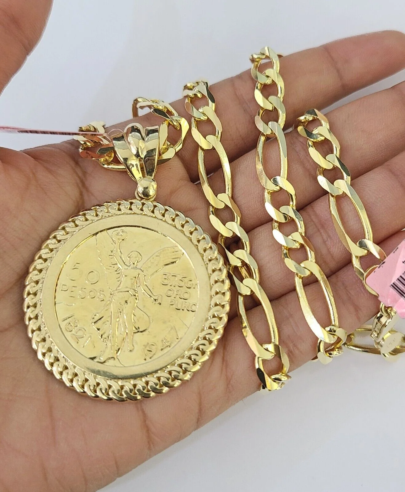 14k Figaro Chain Centenario Bezel Charm Pendant Gold 7mm 20-30 inch SET Necklace - Image 4