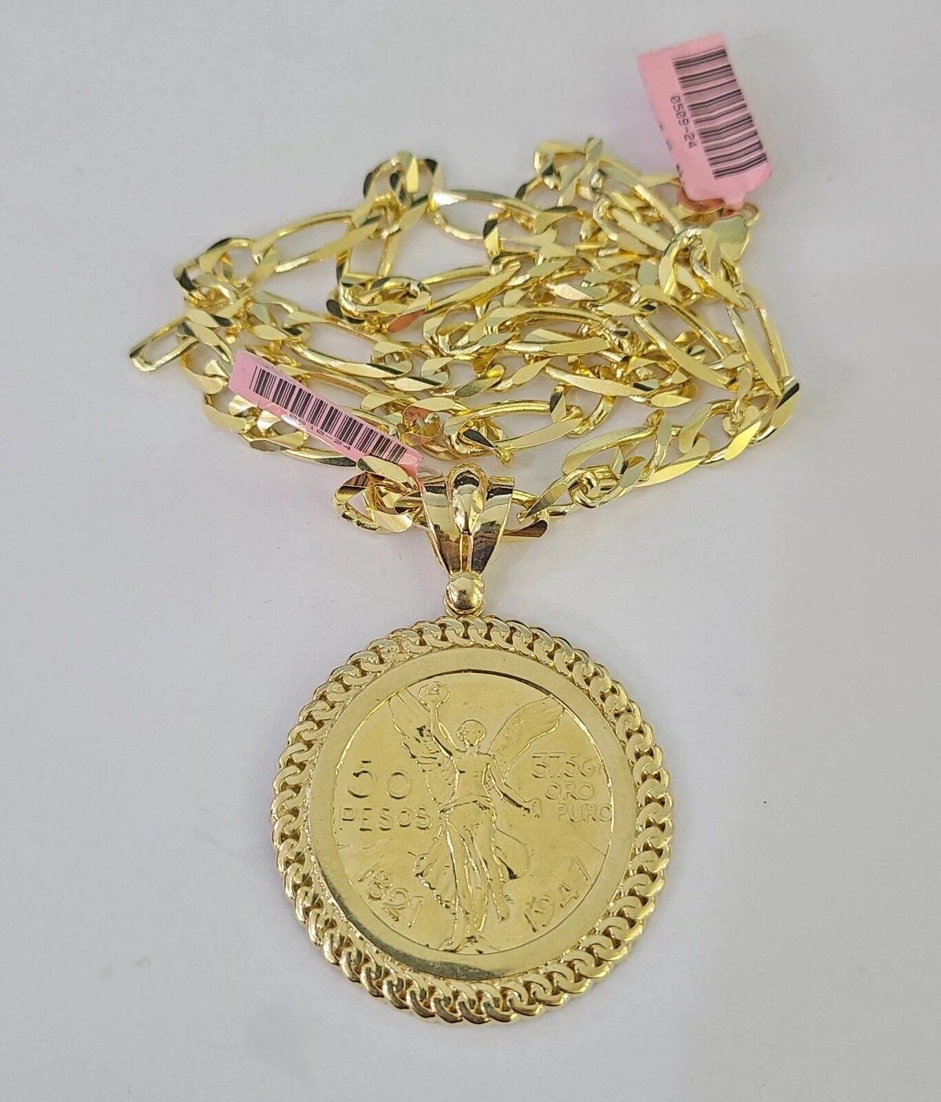14k Figaro Chain Centenario Bezel Charm Pendant Gold 7mm 20-30 inch SET Necklace - Image 5