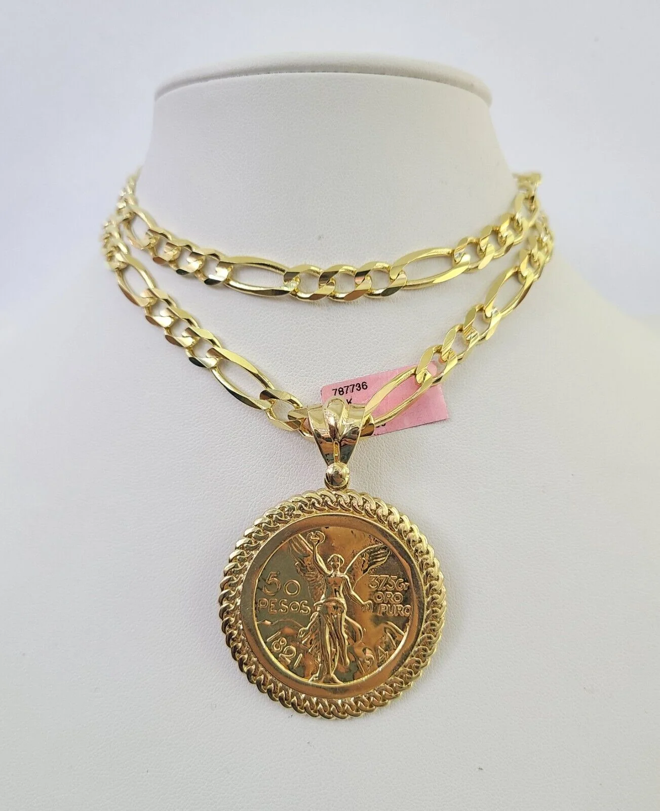 14k Figaro Chain Centenario Bezel Charm Pendant Gold 7mm 20-30 inch SET Necklace - Image 6