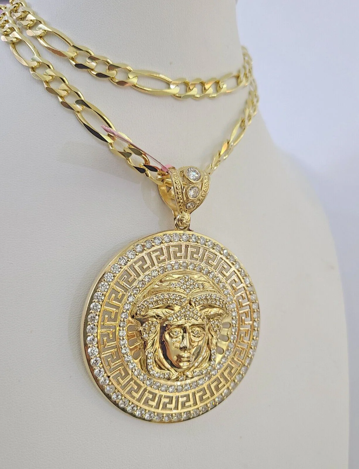 14k Figaro Chain Head Charm Pendant Gold 7mm 20-30 inch SET Necklace Yellow - Image 5
