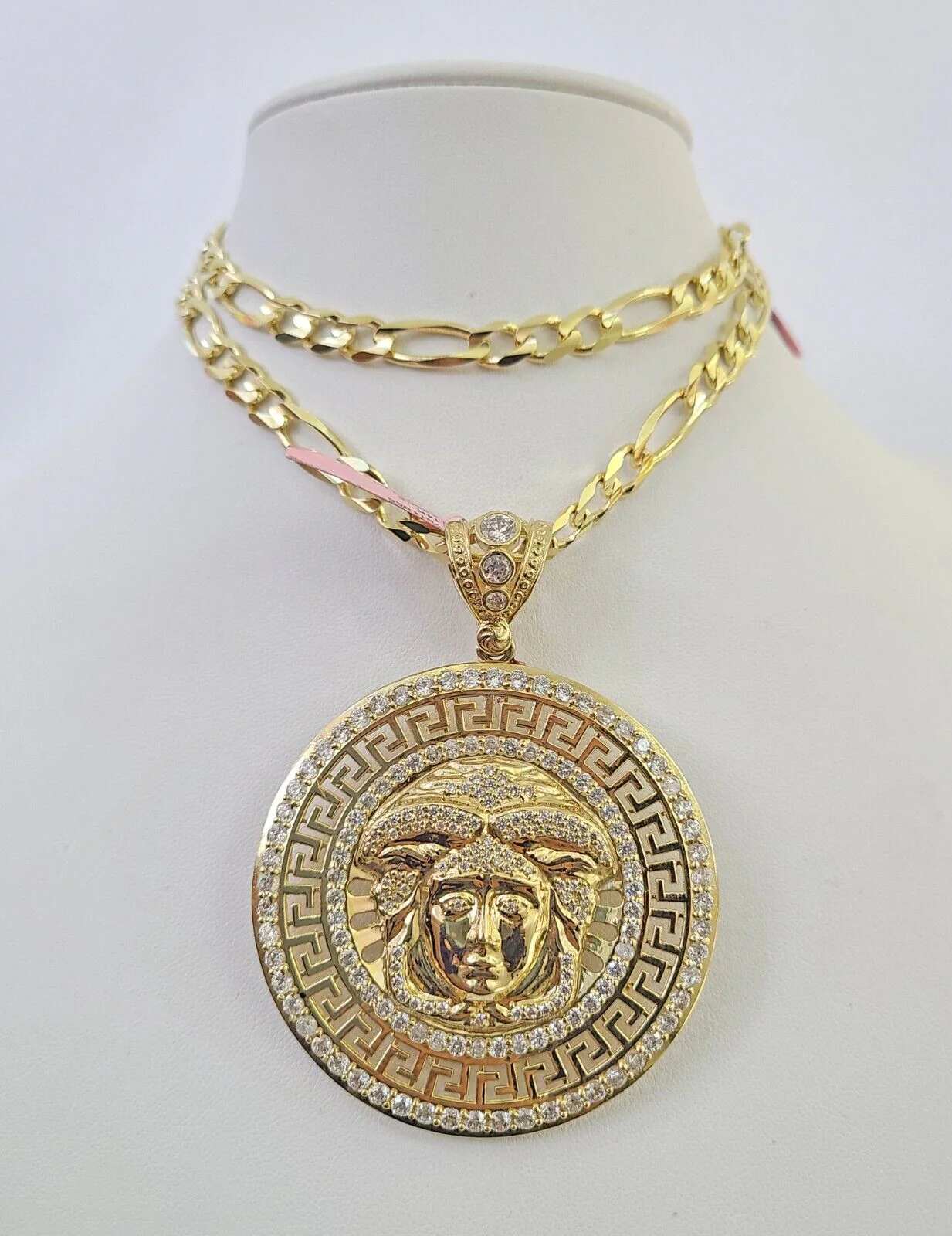 14k Figaro Chain Head Charm Pendant Gold 7mm 20-30 inch SET Necklace Yellow - Image 6