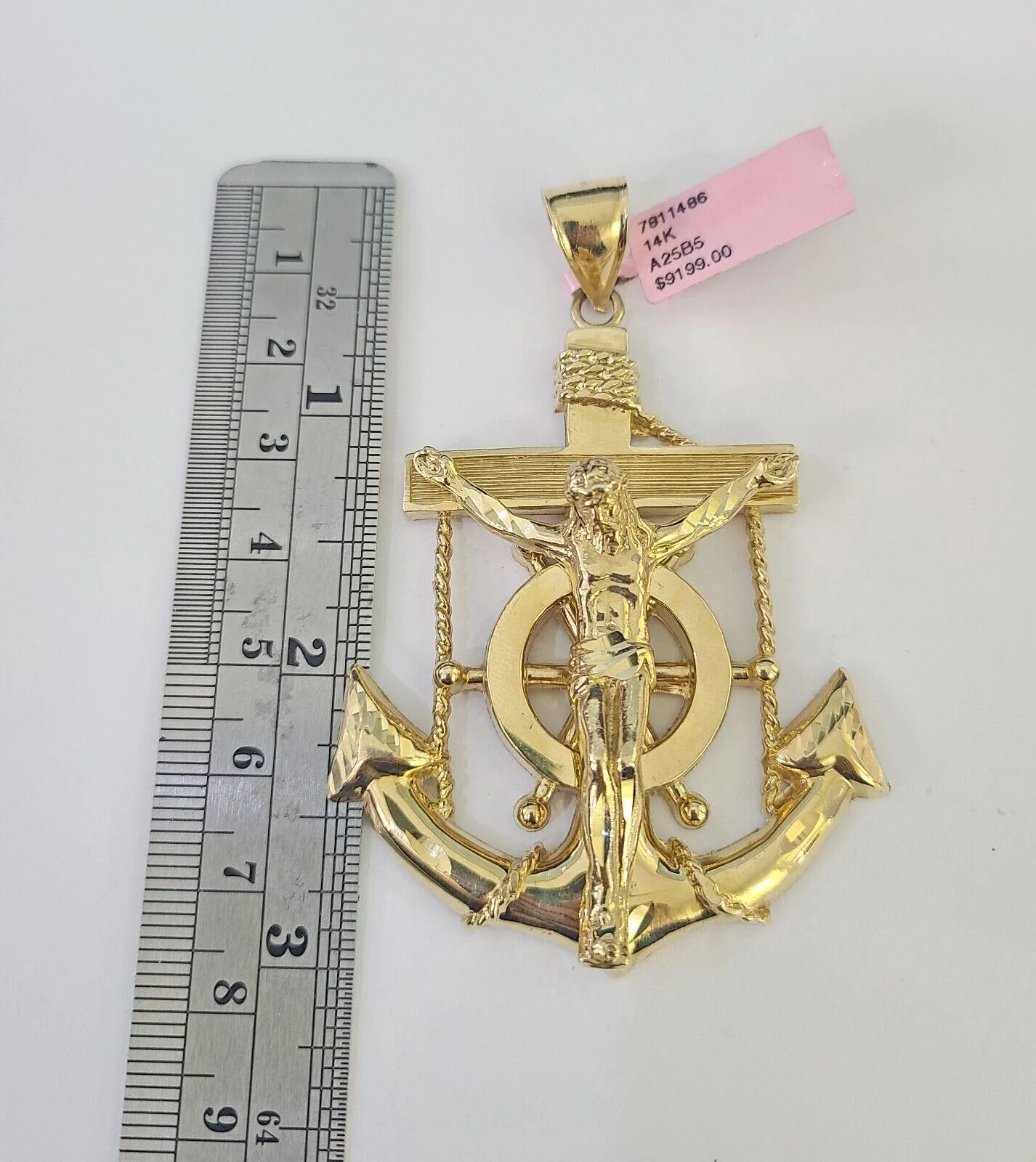 14k Figaro Chain Jesus Anchor Charm Pendant Gold 7mm 20-30 inch SET Necklace - Image 2
