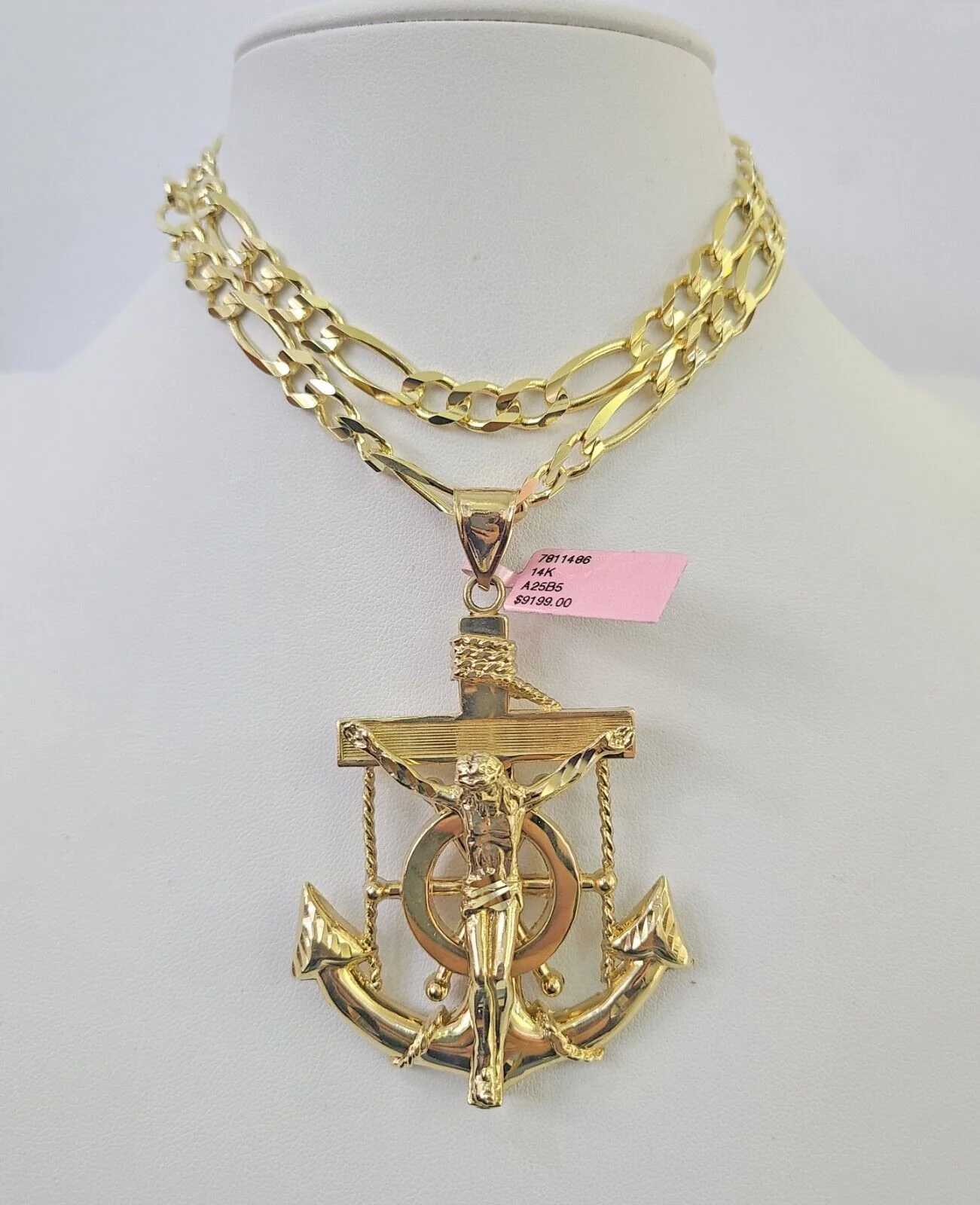 14k Figaro Chain Jesus Anchor Charm Pendant Gold 7mm 20-30 inch SET Necklace - Image 5