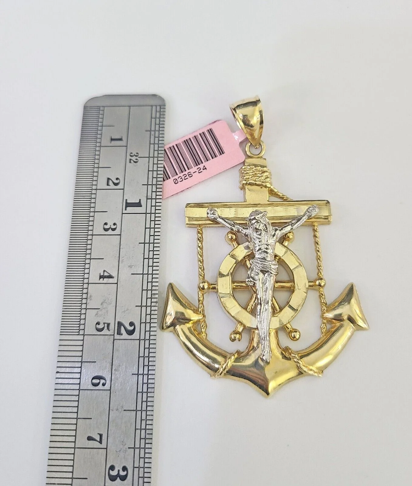 14k Figaro Chain Jesus Anchor Charm Pendant Gold 7mm 20-30 inch SET Necklace - Image 2