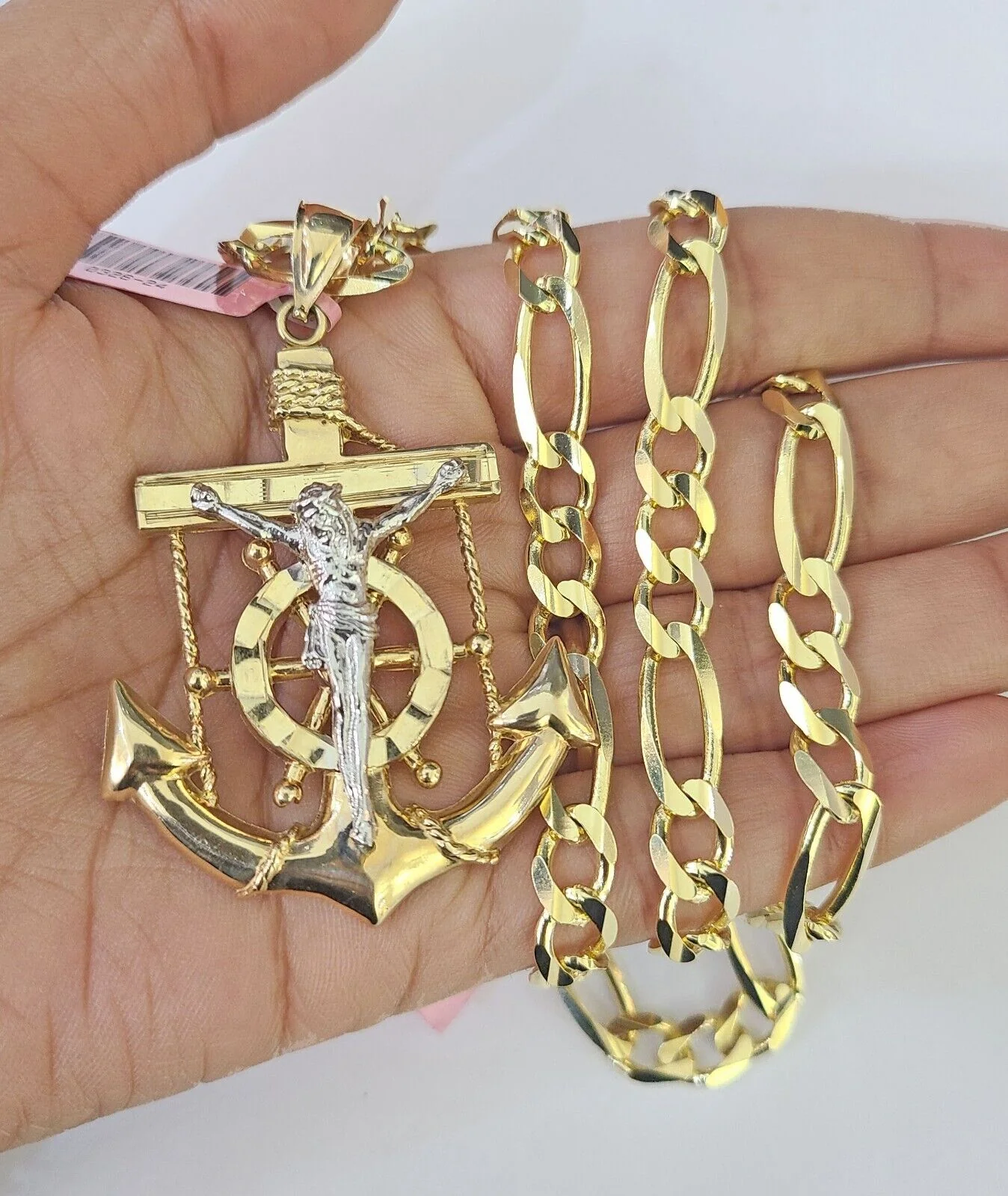 14k Figaro Chain Jesus Anchor Charm Pendant Gold 7mm 20-30 inch SET Necklace - Image 4