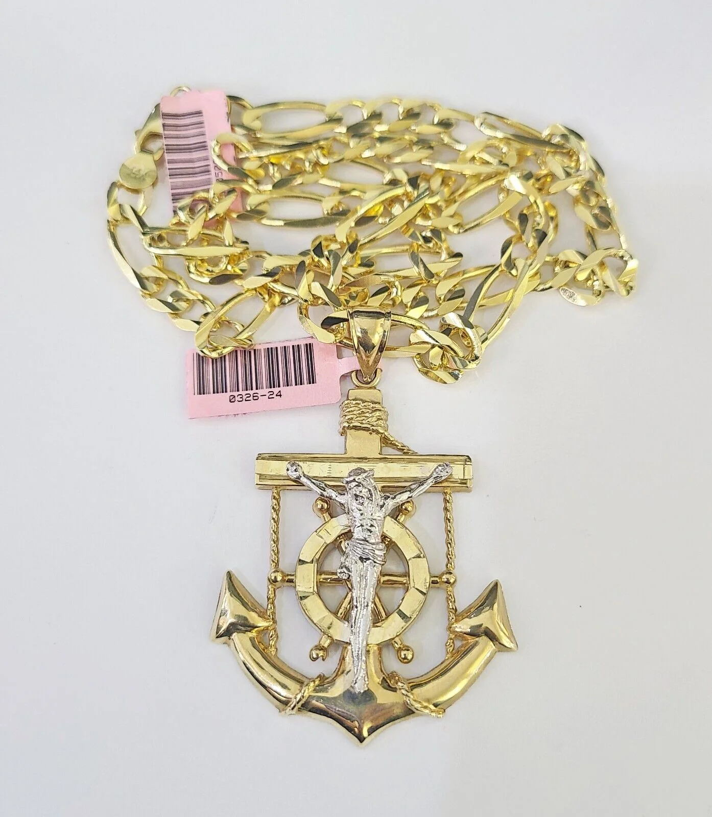 14k Figaro Chain Jesus Anchor Charm Pendant Gold 7mm 20-30 inch SET Necklace - Image 5