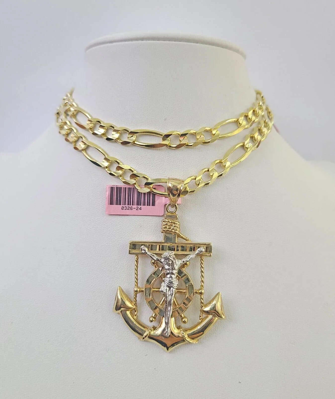 14k Figaro Chain Jesus Anchor Charm Pendant Gold 7mm 20-30 inch SET Necklace - Image 6