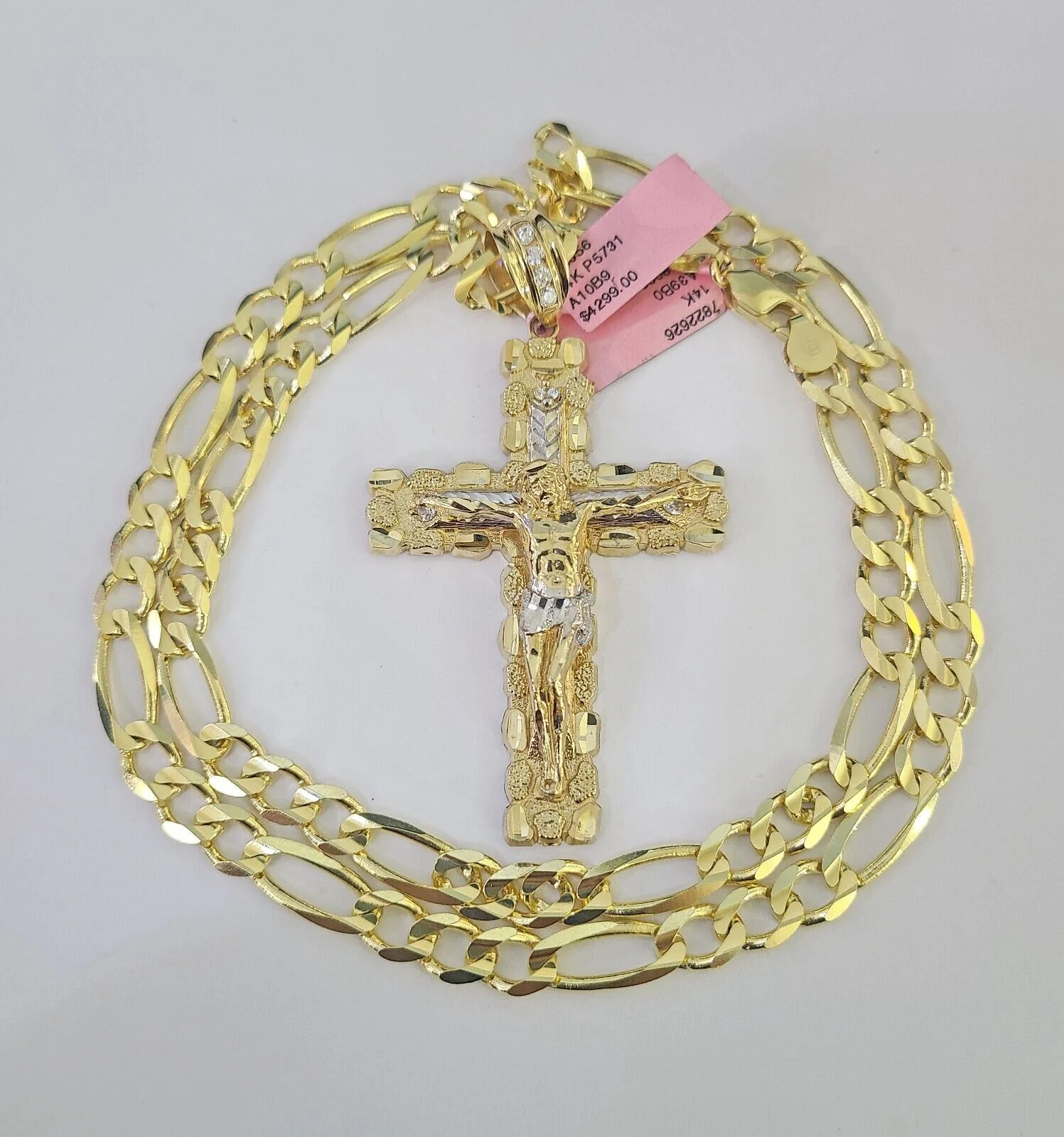 14k Figaro Chain Jesus Cross Charm Pendant Gold 7mm 20-30 inch SET Necklace - Image 2