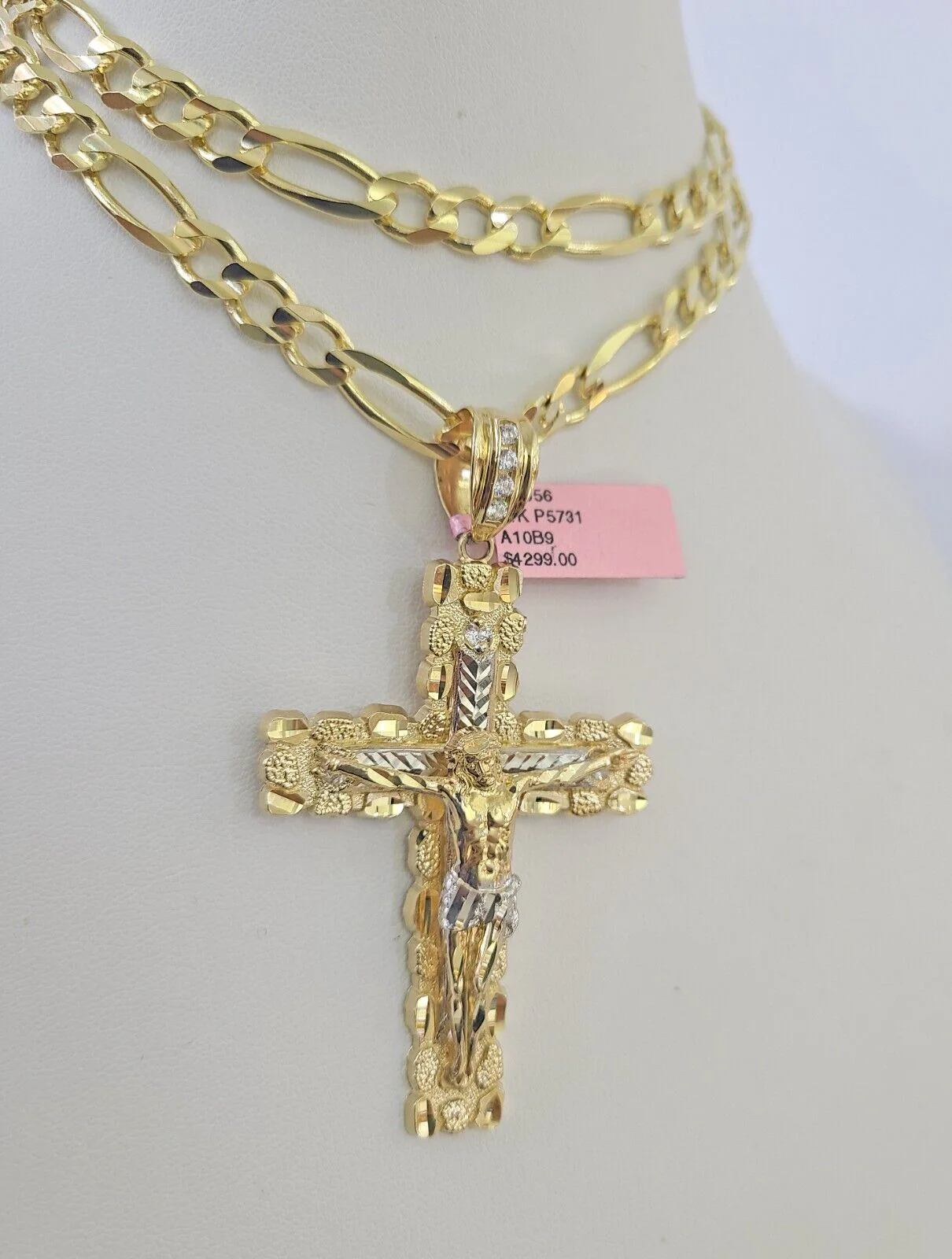 14k Figaro Chain Jesus Cross Charm Pendant Gold 7mm 20-30 inch SET Necklace - Image 5
