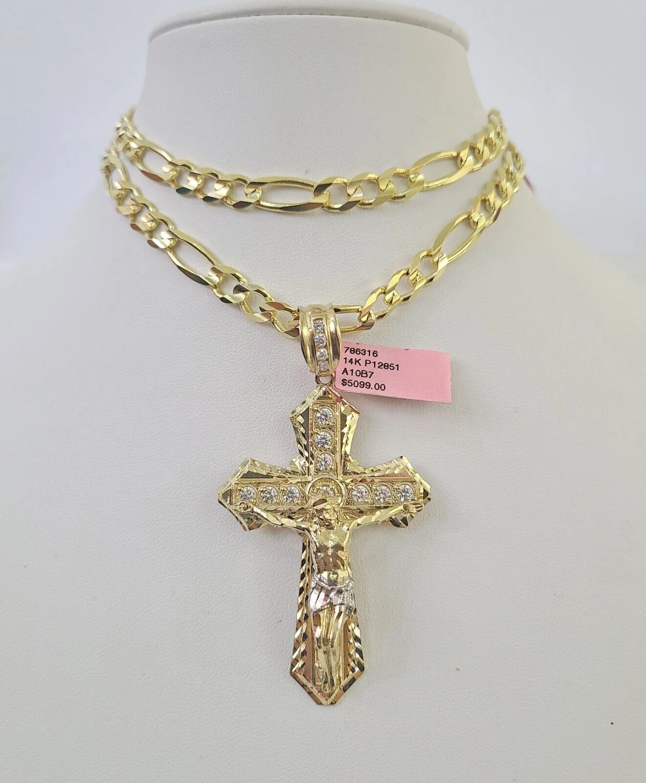 14k Figaro Chain Jesus Cross Charm Pendant Gold 7mm 20-30 inch SET Necklace - Image 2