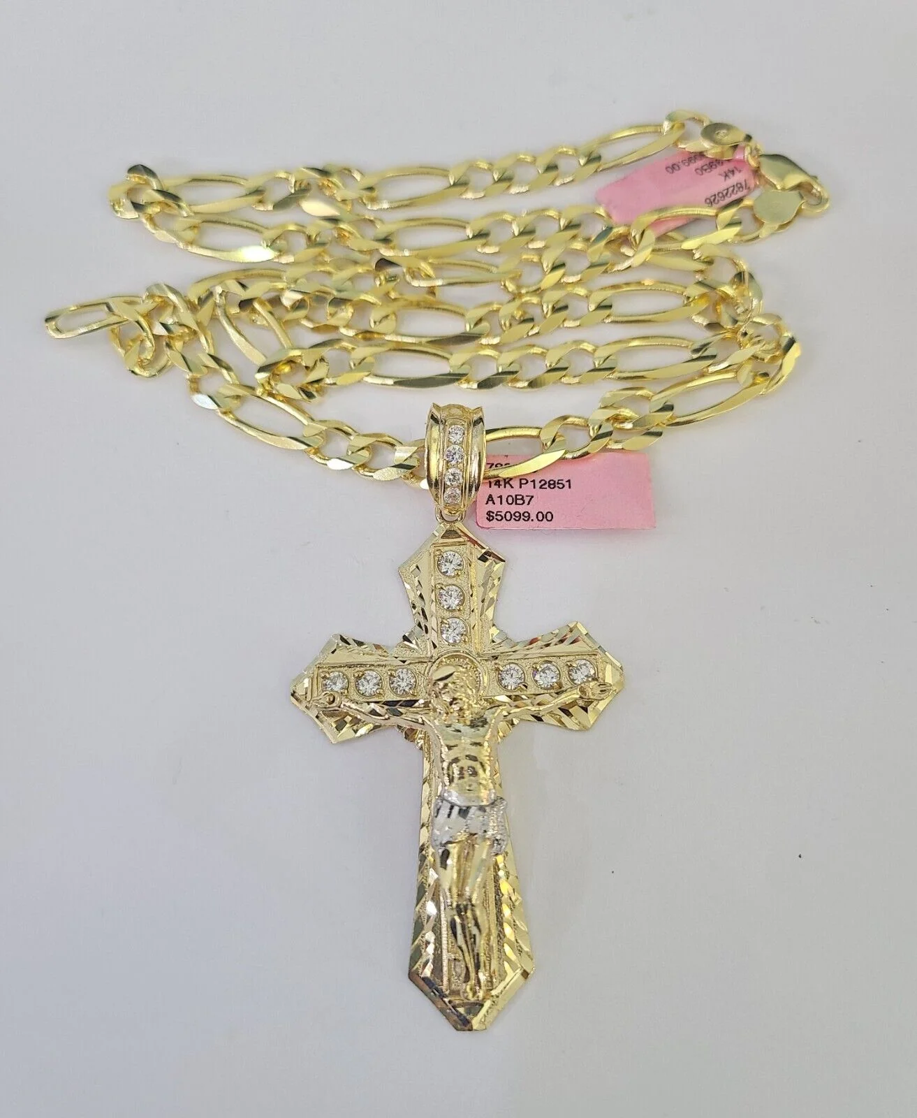 14k Figaro Chain Jesus Cross Charm Pendant Gold 7mm 20-30 inch SET Necklace - Image 5