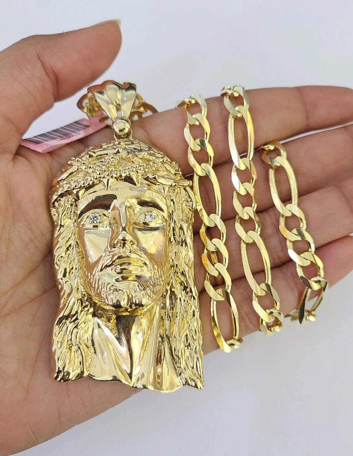14k Figaro Chain Jesus Head Charm Pendant Gold 7mm 20-30 inch SET Necklace - Image 2