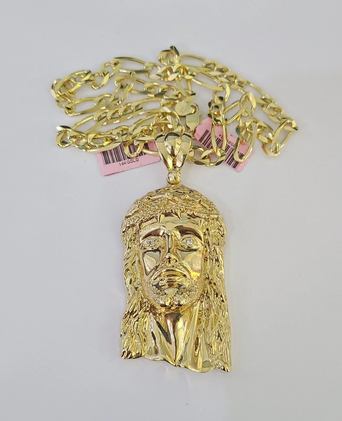14k Figaro Chain Jesus Head Charm Pendant Gold 7mm 20-30 inch SET Necklace - Image 4