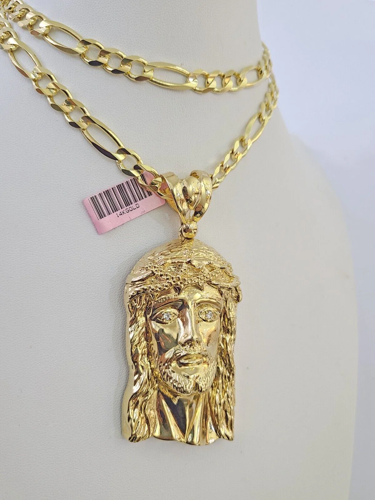 14k Figaro Chain Jesus Head Charm Pendant Gold 7mm 20-30 inch SET Necklace - Image 5