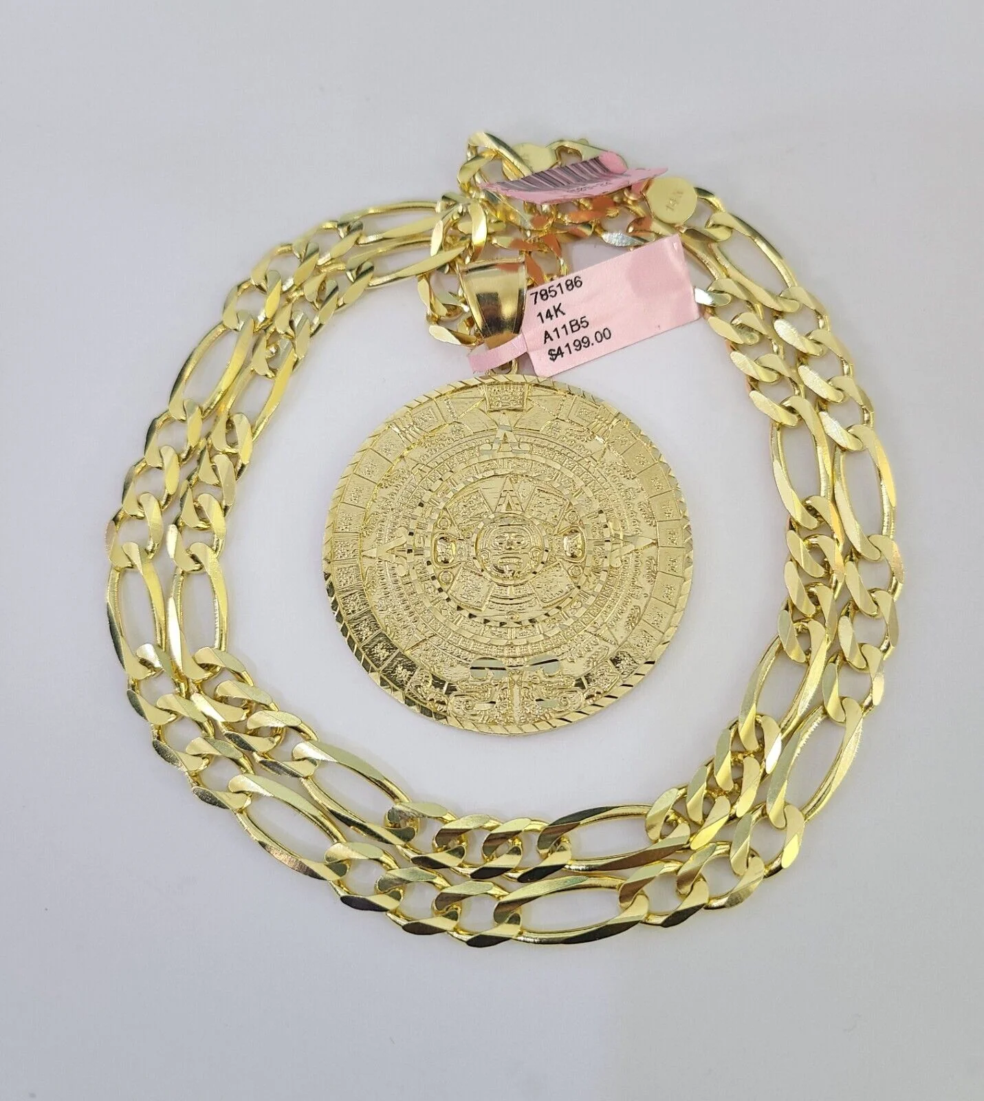 14k Figaro Chain Mayan Calendar Charm Pendant Gold 7mm 20-30 inch SET Necklace - Image 3