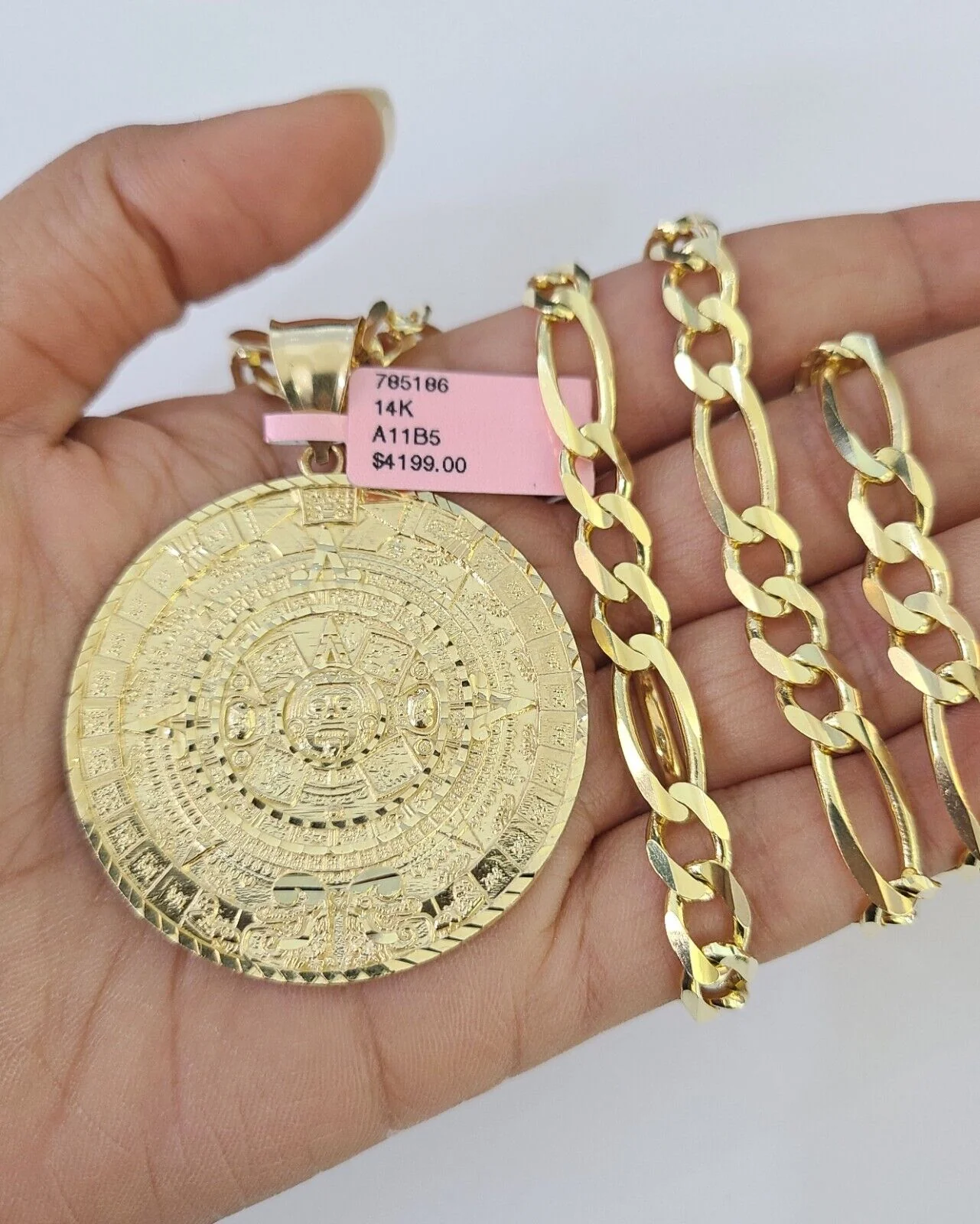 14k Figaro Chain Mayan Calendar Charm Pendant Gold 7mm 20-30 inch SET Necklace - Image 4